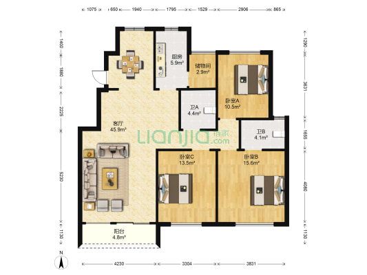 林语棠一期 3室1厅2卫 126平方