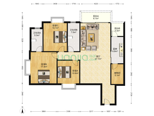 新湖大厦 3室1厅2卫 156平方