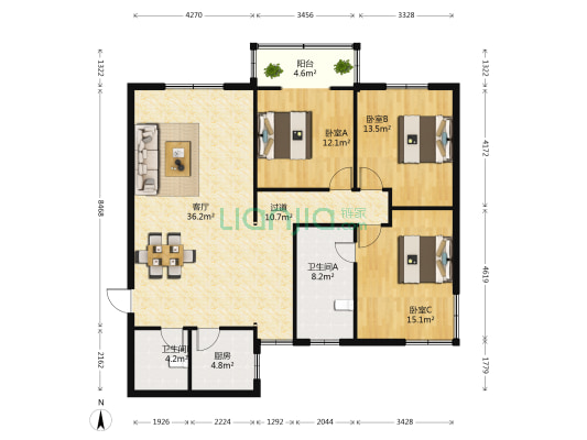 蓝天金地 3室1厅2卫 149平方