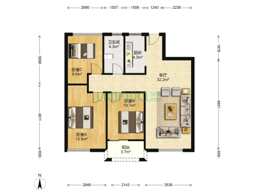祥生望湖名都 3室1厅1卫 85平方