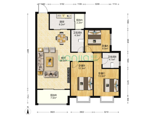 幸福家园 3室1厅2卫 133平方