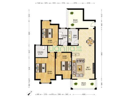 万华小区 3室1厅2卫 139平方
