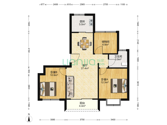 北大资源理城国际花园 2室1厅1卫 113平方