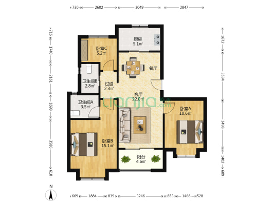 万和宸章府 3室1厅2卫 96平方