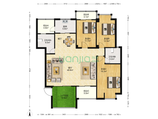 东方高尔夫花园B区 3室1厅2卫 148平方