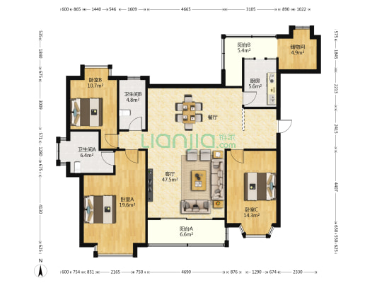 水木清华园 3室1厅2卫 145平方