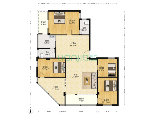 广安路12号 4室1厅2卫 148平方