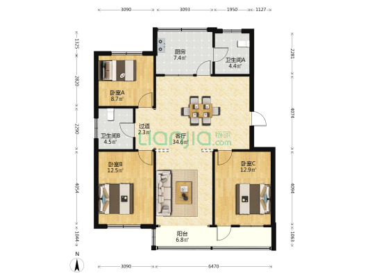 环岛公寓 3室1厅2卫 113平方