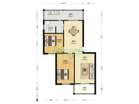 商行家属院 2室2厅1卫 91平方
