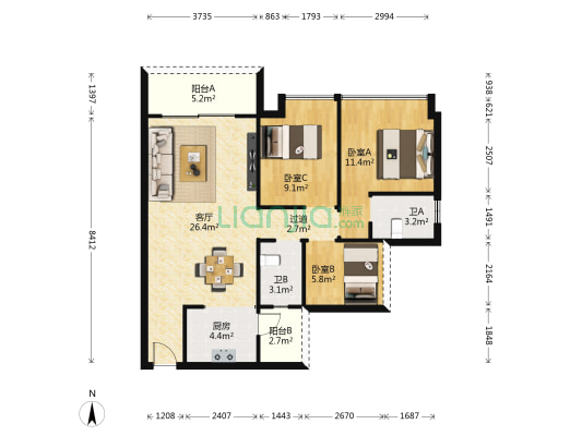 明信华府 3室1厅2卫 87平方