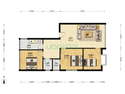 幸福街49号 3室1厅2卫 100平方