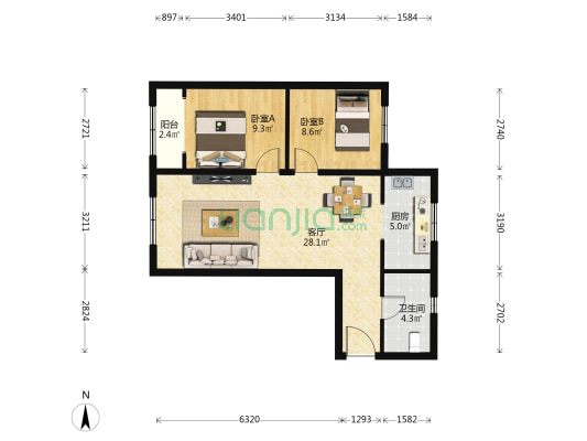 住总正华多彩嘉园 2室1厅1卫 89平方