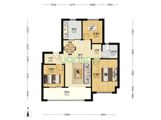 龙湖天玺 3室1厅1卫 86平方