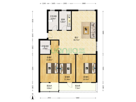 宏大美安居 3室1厅2卫 120平方