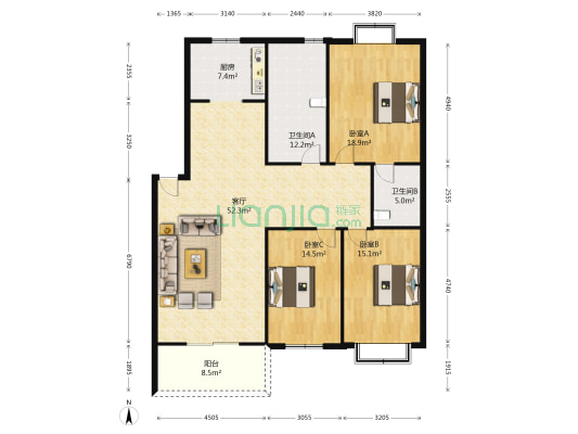 天怡花园 3室1厅2卫 138平方