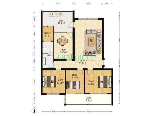开发网具厂小区 3室2厅1卫 124平方