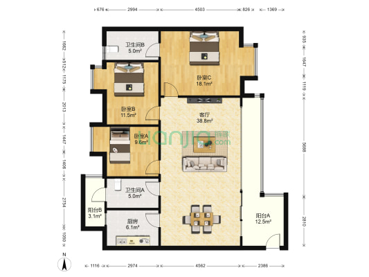 花果园R1区 3室1厅2卫 126平方