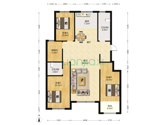 银领国际 3室1厅2卫 147平方