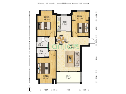 泰禾福州湾A区 3室1厅2卫 102平方