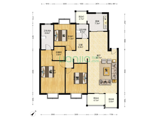 九阳轩 3室1厅2卫 134平方