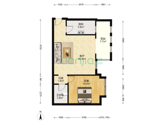中铁瑞景茗城二期 1室1厅1卫 66平方