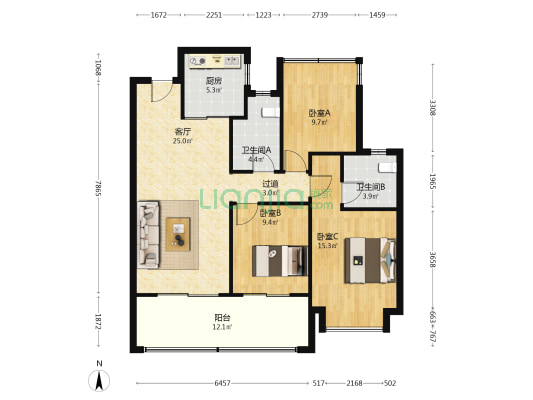龙湖上城 3室1厅2卫 121平方
