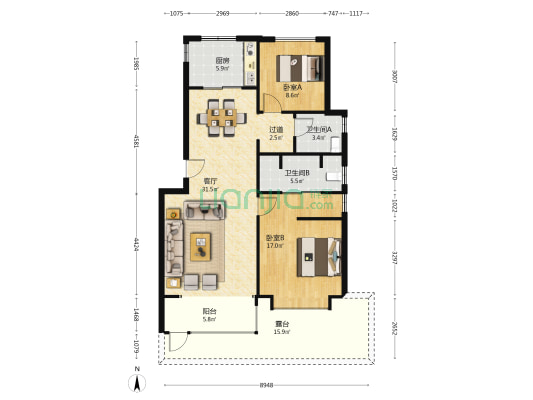 体北鲁能公馆 2室1厅2卫 118平方