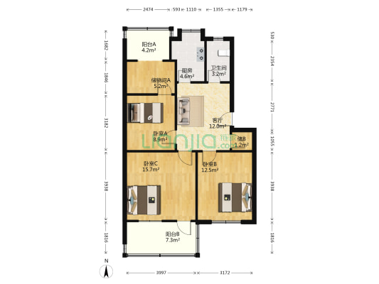 工人路39号院 3室1厅1卫 83平方
