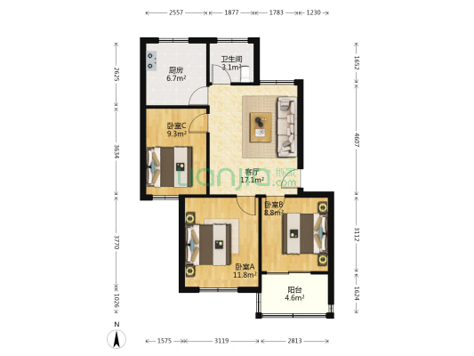 东关丰华小区 3室1厅1卫 74平方
