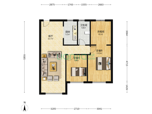 保利·天悦一期 2室1厅1卫 107平方