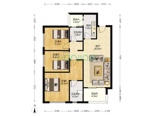 万科仁峰 3室1厅2卫 90平方