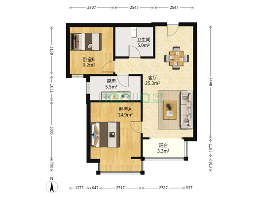 燕京航城 2室1厅1卫 87平方