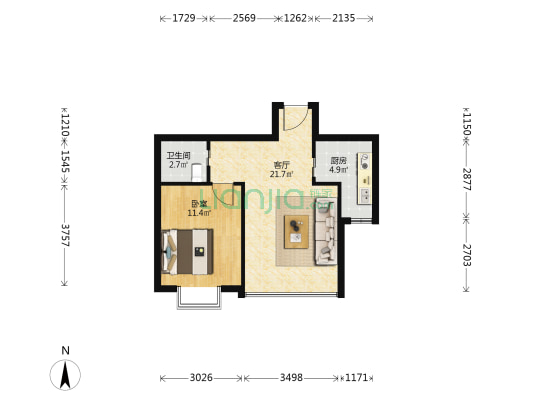 金色锦园 1室1厅1卫 52平方