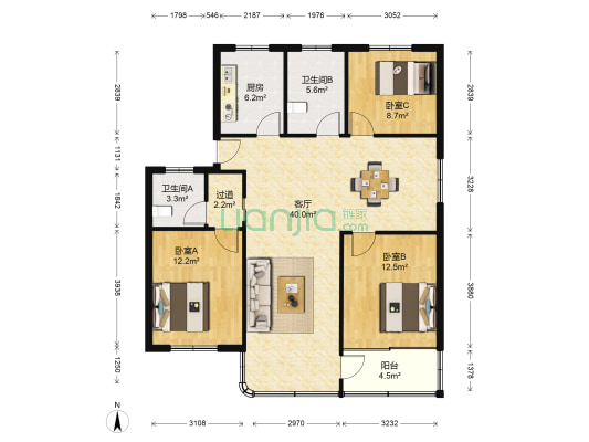 北海花园 3室1厅2卫 119平方