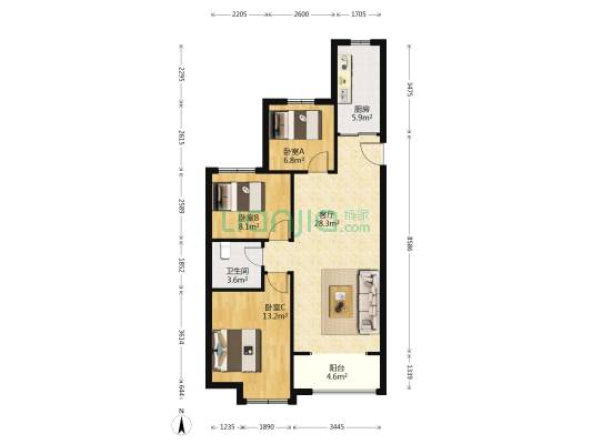 香梅华府B区 3室1厅1卫 97平方