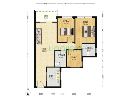 保利碧桂园学府里 3室1厅2卫 90平方