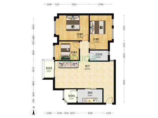 丽和华庭 3室1厅1卫 101平方