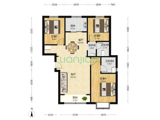 鼎峰北欧阳光 3室2厅3卫 113平方