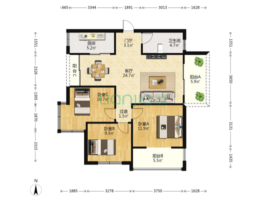瑞园一期 3室1厅1卫 97平方