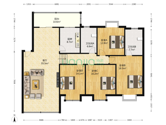 江中苑小区 4室1厅2卫 160平方