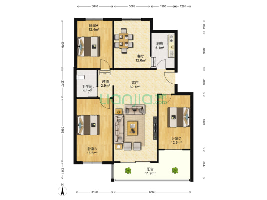怡景苑 3室2厅1卫 105平方