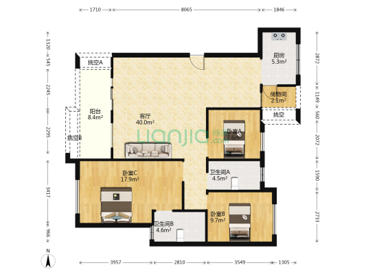 中航城 3室1厅2卫 112平方