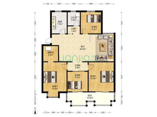 江南嘉园 4室1厅1卫 142平方