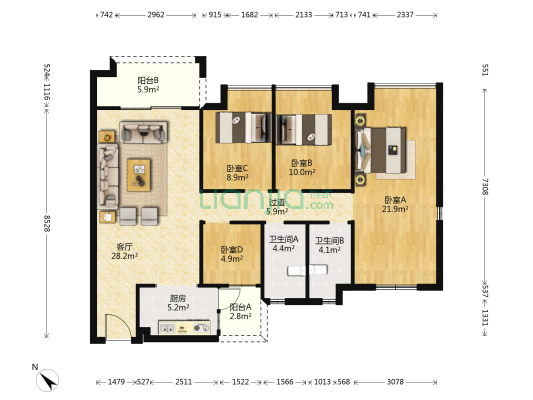 佳境康城臻悦园 4室1厅2卫 118平方