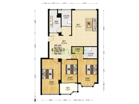 东城百汇 3室2厅2卫 138平方