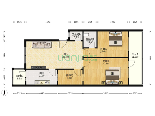商业小区 2室1厅2卫 115平方