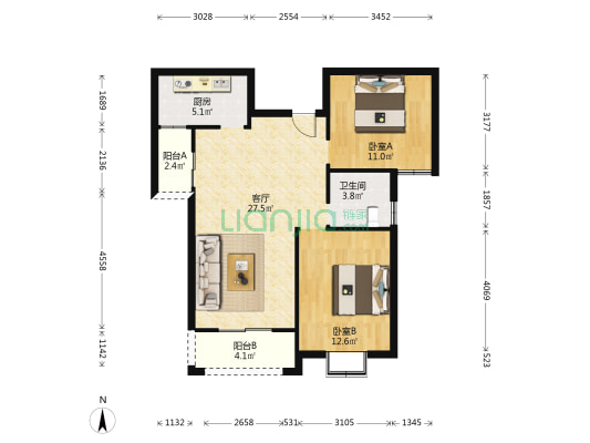 广悦星苑 2室1厅1卫 87平方