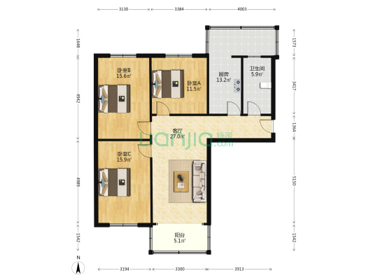 绿洲大厦 3室1厅1卫 101平方