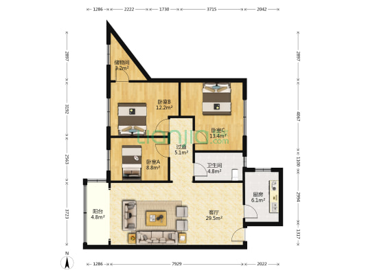 龙凤三村 3室1厅1卫 107平方