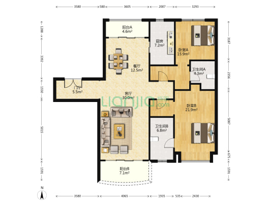 星河湾朗园 2室2厅2卫 157平方